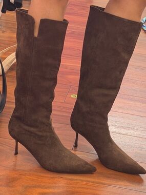 Classic Pointed-Toe Knee-High Suede Boots - Brown